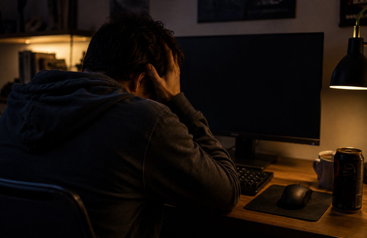Desperate jongen achter computerscherm