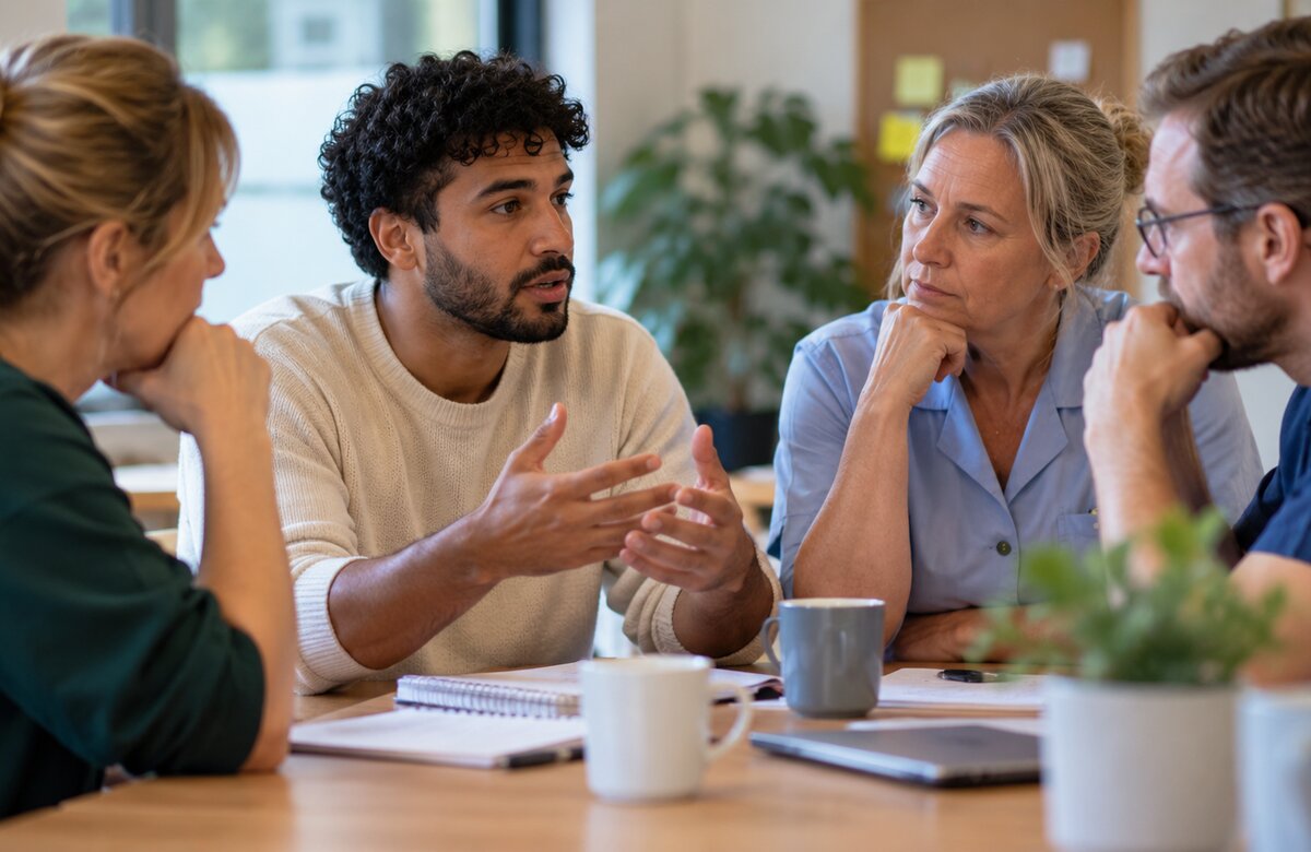Serieuze teamvergadering aan tafel