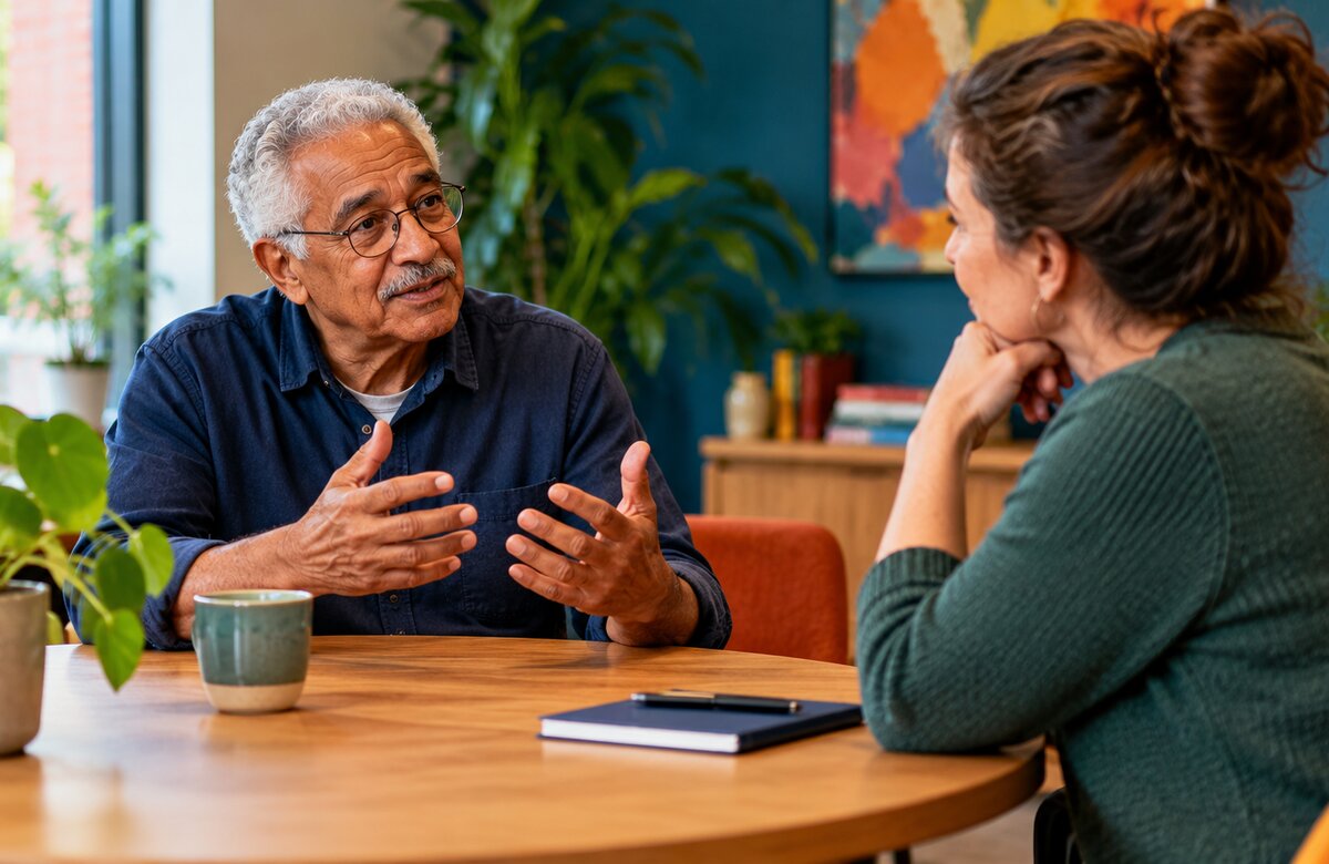Gesprek tussen man en vrouw aan tafel
