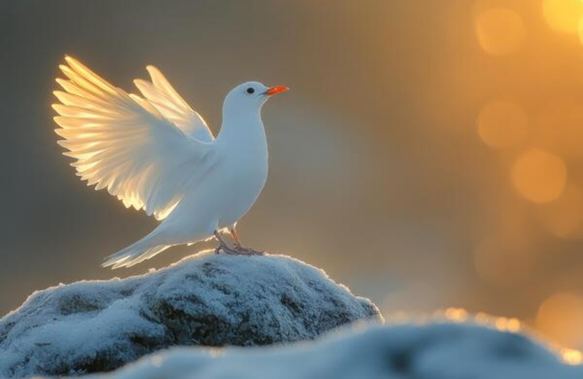 white bird spreads wings on snowy rock at sunrise photo